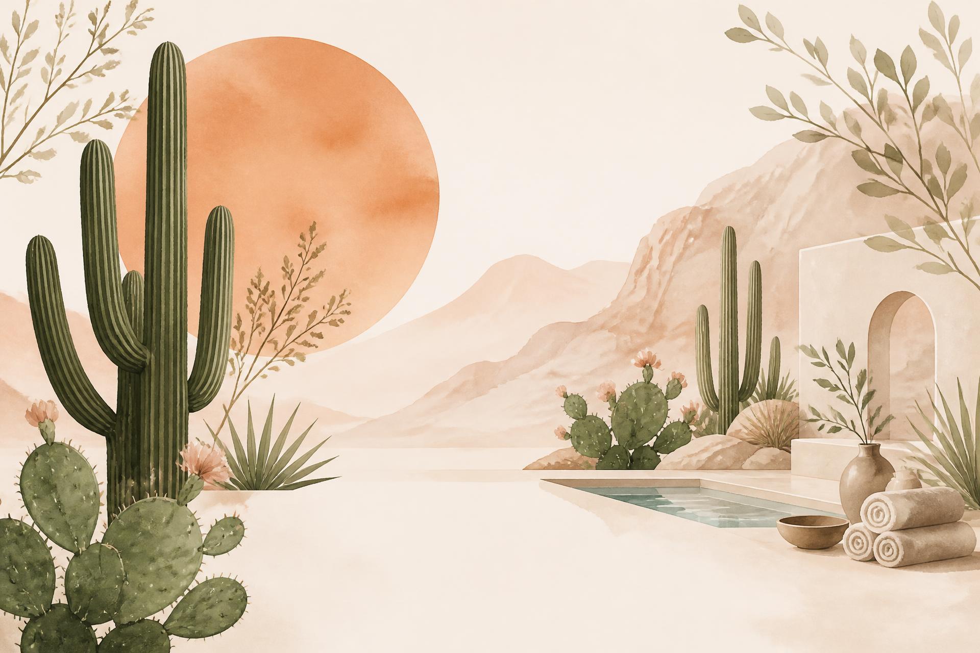 Watercolor desert scene with saguaro cactus and a terracotta sun